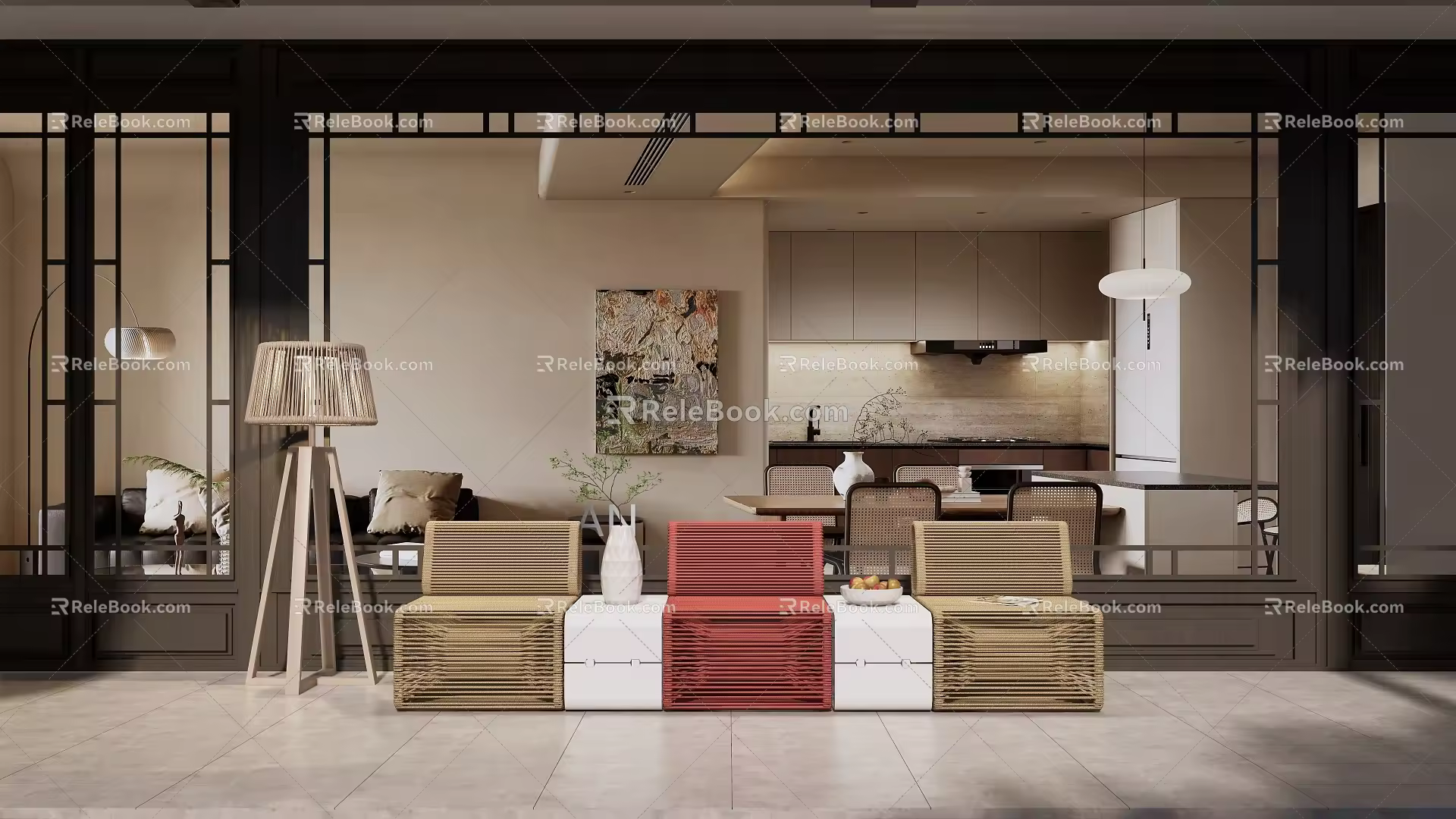 New Chinese Style Porch Free Combination Sofa Rope Sofa Floor Lamp Atmosphere Lamp 3d model