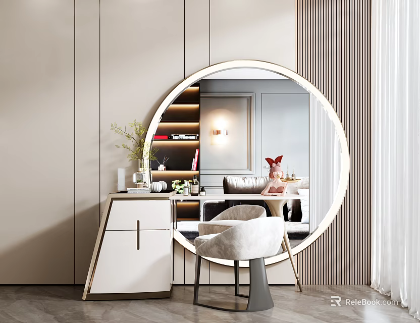 Elegant Modern Dressing Table With Round Mirror White Chair And Storage Cabinets 3d model 