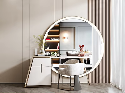 Elegant Modern Dressing Table With Round Mirror White Chair And Storage Cabinets 3d model