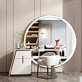 Elegant Modern Dressing Table With Round Mirror White Chair And Storage Cabinets