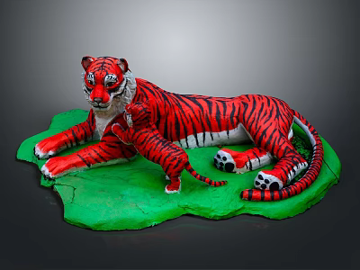 Detailed Tiger Sculpture with Mother and Cub Red Black Stripes on Green Base 3d model