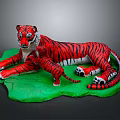 Detailed Tiger Sculpture with Mother and Cub Red Black Stripes on Green Base