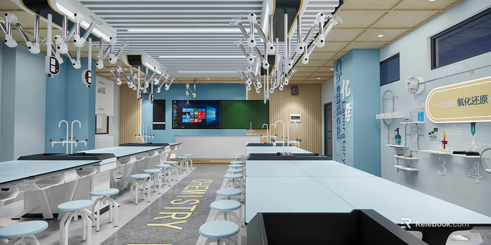Modern Chemistry Laboratory Interior With Tables Chairs Display Screen And Blackboard 3d model