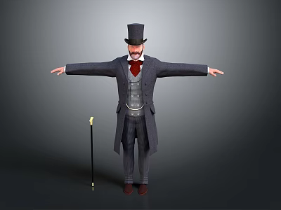 Man In Formal Tailcoat With Top Hat Cane And Arms Outstretched Pose 3d model
