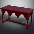 Red Wooden Reception Desk With Carved Arched Details And Decorative Legs