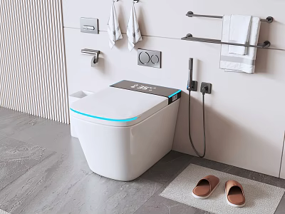 Modern Smart Toilet With Blue Light Strip White Towels And Brown Slippers On Gray Mat 3d model