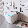 Modern Smart Toilet With Blue Light Strip White Towels And Brown Slippers On Gray Mat