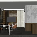 Modern Showroom Interior With Wooden Cabinets Marble Walls Display Tables And TV Screen