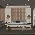 Modern Bedroom Interior With Wooden Lattice Wall Rattan Pendant Lights Bed Bench And Window Seat
