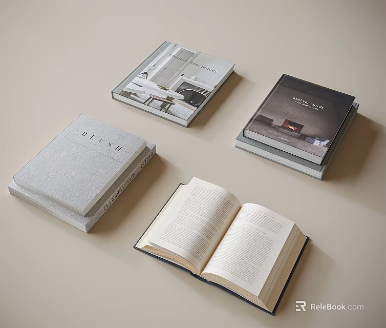 Art Design Hardcover Books Featuring Open Page And Stacked 3d model