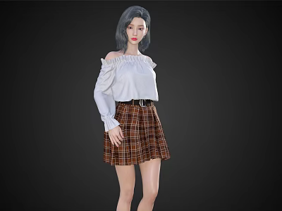 Woman with Gray Hair Wearing White Off Shoulder Top and Brown Plaid Skirt 3d model