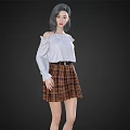Woman with Gray Hair Wearing White Off Shoulder Top and Brown Plaid Skirt