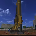 Large Yellow Industrial Drilling Rig on Construction Site With Tall Buildings and Blue Sky
