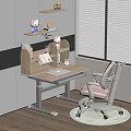Adjustable Kids Study Desk with Pink Chair Bookshelf and Decorations Near Window