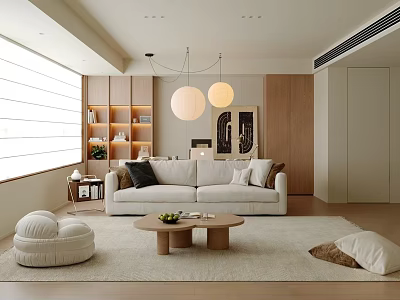 Modern Living Room Interior With Large Windows Wooden Shelves Round Pendant Lights And Beige Sofa 3d model