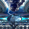 Futuristic KTV Interior With Starry Sky Background Blue Lighting And Comfortable Seating Area