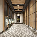 Public Restroom Interior With Tiled Walls Geometric Flooring Wooden Cabinets And Sink Area