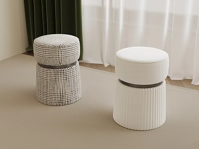 Modern Woven and Ribbed Stools in Room With Green White Curtains and Beige Carpet 3d model