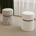 Modern Woven and Ribbed Stools in Room With Green White Curtains and Beige Carpet
