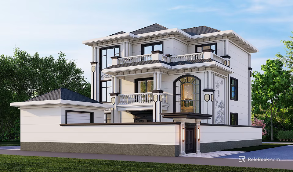 Two Story Detached Villa White Exterior With Black Roof Surrounded By Green Trees And Driveway 3d model 