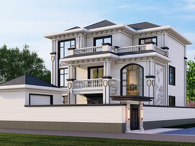 Two Story Detached Villa White Exterior With Black Roof Surrounded By Green Trees And Driveway 3d model