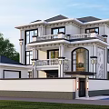 Two Story Detached Villa White Exterior With Black Roof Surrounded By Green Trees And Driveway