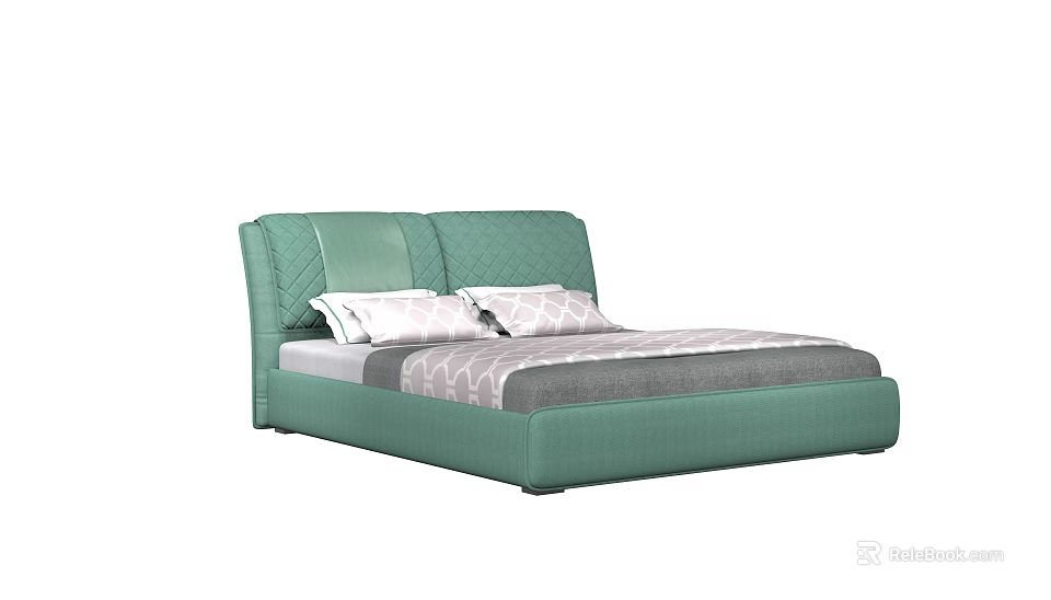 Green Upholstered Double Bed with Padded Headboard and Patterned Pillows Grey Quilt 3d model