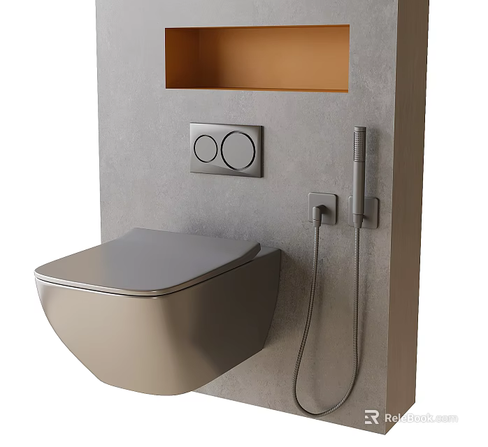 Sleek Wall Mounted Toilet With Gray Seat Flush Buttons And Bidet Sprayer On Gray Wall 3d model 
