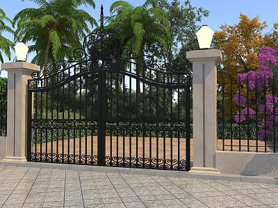 Black Iron Gate With Stone Pillars Lamp Posts Palm Trees And Purple Flowers On Stone Path 3d model