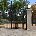 Black Iron Gate With Stone Pillars Lamp Posts Palm Trees And Purple Flowers On Stone Path