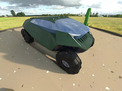 Green Military Vehicle With Large Tires And Antenna On Open Grassland Field 3d model