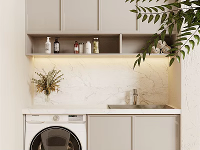 Minimalist Bathroom Cabinet With Marble Countertop Washing Machine Bottles And Decorative Plants 3d model