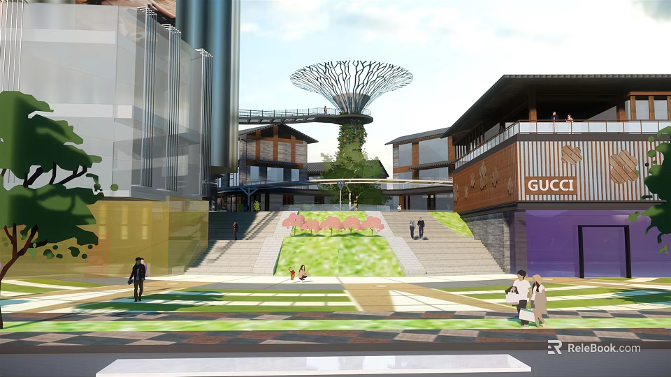 Vibrant Commercial Landscape With Modern Buildings Gucci Store Steps Greenery And Pedestrians 3d model 
