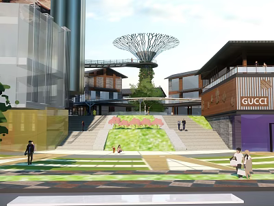 Vibrant Commercial Landscape With Modern Buildings Gucci Store Steps Greenery And Pedestrians 3d model