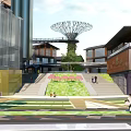 Vibrant Commercial Landscape With Modern Buildings Gucci Store Steps Greenery And Pedestrians