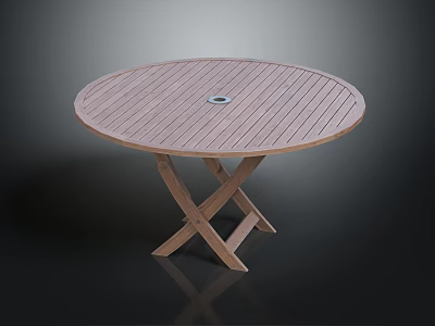 Stylish Round Wooden Outdoor Dining Table With Cross Legs And Central Umbrella Hole 3d model
