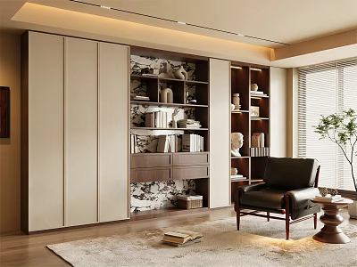 Modern Bookcase With Open Shelves Closed Cabinets Leather Chair And Area Rug 3d model