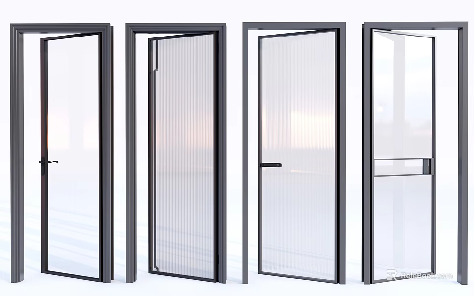 Four Glass Doors With Black Frames In Various Opening States 3d model