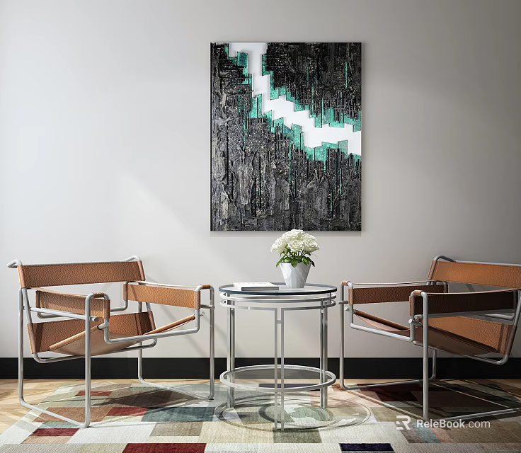 Casual Sofa Set with Brown Chairs Round Coffee Table White Flowers and Modern Painting Rug 3d model 