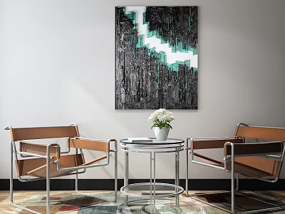 Casual Sofa Set with Brown Chairs Round Coffee Table White Flowers and Modern Painting Rug 3d model