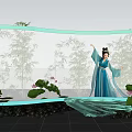 Elegant Art Installation With Woman In Blue Traditional Costume Bamboo Forest And Lotus Flowers