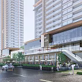Modern Commercial Building Outdoor Leisure Area With Glass Facade Umbrellas Seating Greenery And Pedestrians
