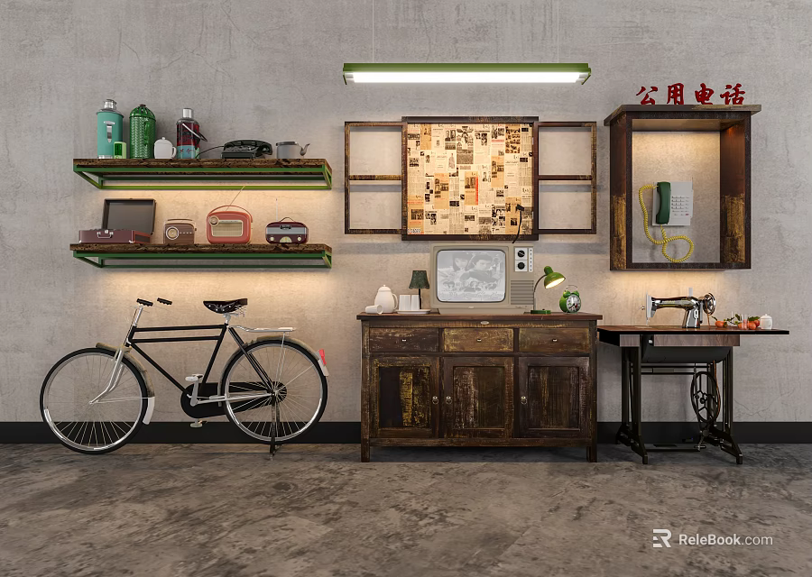 Vintage Garden Decor With Black Bicycle Wooden Cabinet And Green Plants On Shelves 3d model 