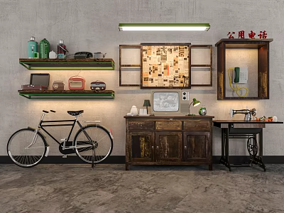 Vintage Garden Decor With Black Bicycle Wooden Cabinet And Green Plants On Shelves 3d model