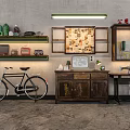 Vintage Garden Decor With Black Bicycle Wooden Cabinet And Green Plants On Shelves