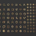 Collection of Gold Line Icons with Various Symbols for UI Design Elements