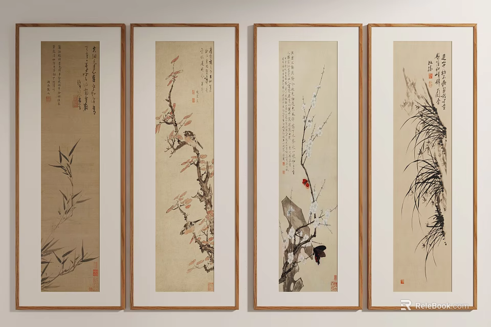 Traditional Chinese Paintings of Plum Orchid Bamboo Chrysanthemum Framed Wall Art 3d model 