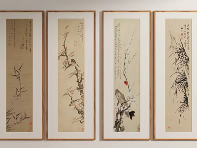 Traditional Chinese Paintings of Plum Orchid Bamboo Chrysanthemum Framed Wall Art 3d model