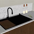 Modern Kitchen Sink with Running Water Stainless Steel Faucet Wooden Board Light Countertop and Dark Cabinets