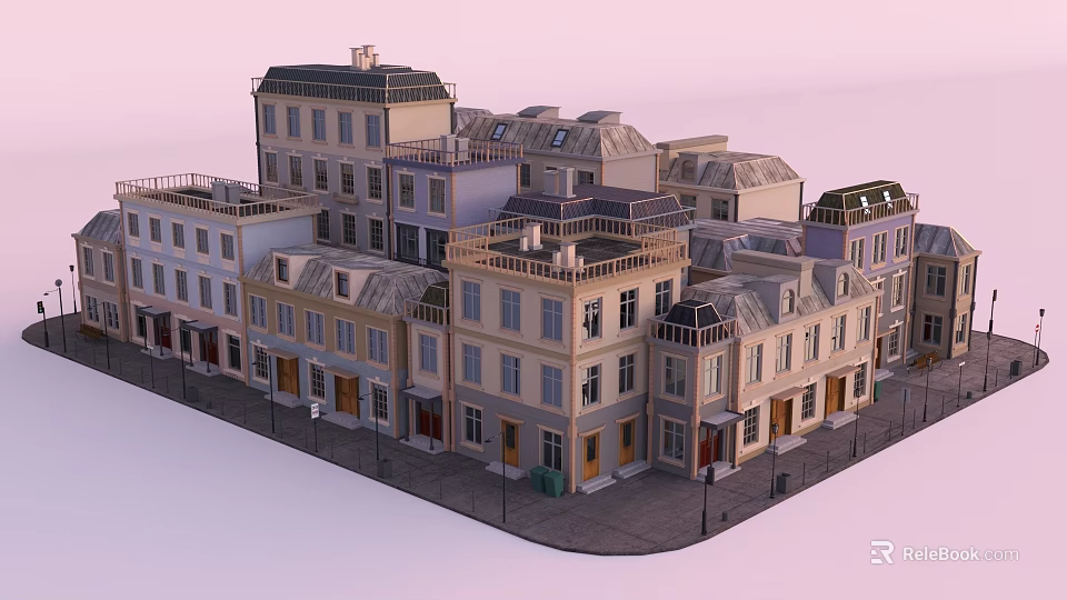 Row of Multi Story Ancient Buildings With Traditional Roofs Classic Windows And Street Scene 3d model 